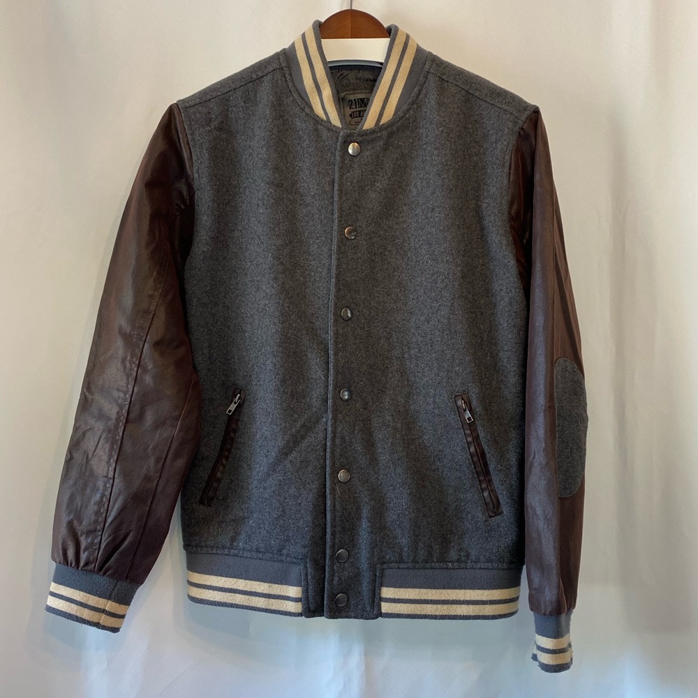 Mens Grey Bomber Jacket Small Wool Blend Faux Leather Varsity Edgy Streetwear